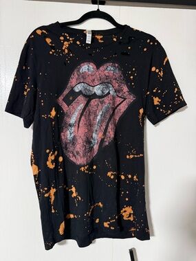 Bella Canvas Custom Rolling Stones Black Tee with Orange Bleach Splatter
